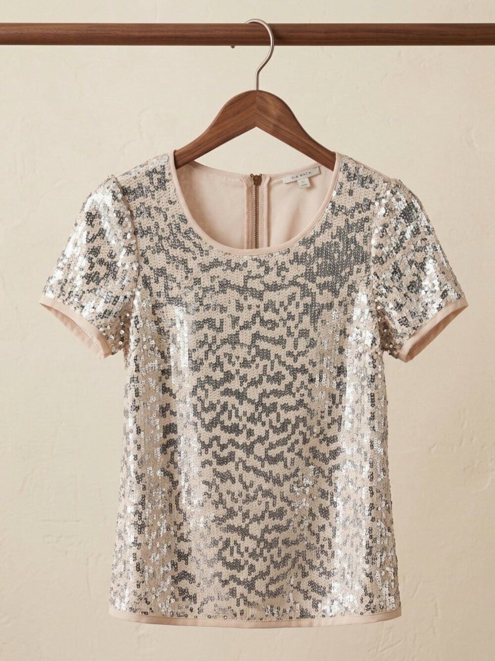 Antropologie Pleione Sequin Sparkle Short Sleeve Blouse Pink Silver Small NWT